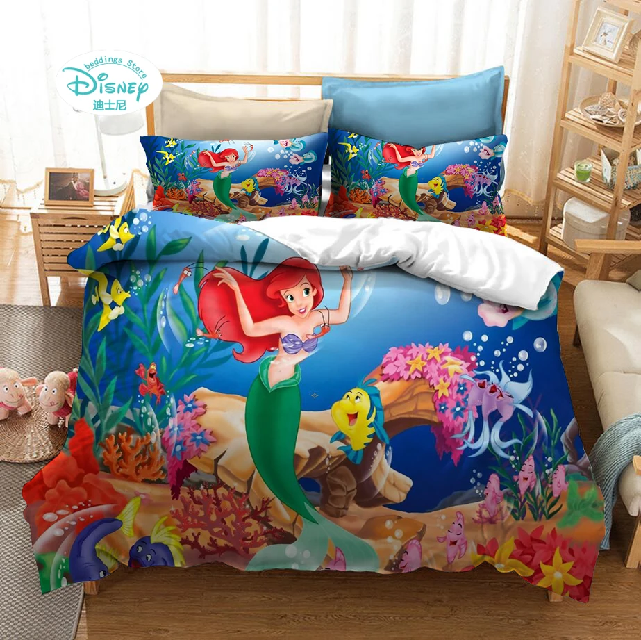 Disney Cartoon Maz Sirēna Ariel Iespiesti Gultas Komplekti Bērnu Meiteņu Guļamistaba Dekori Duvet Cover Set