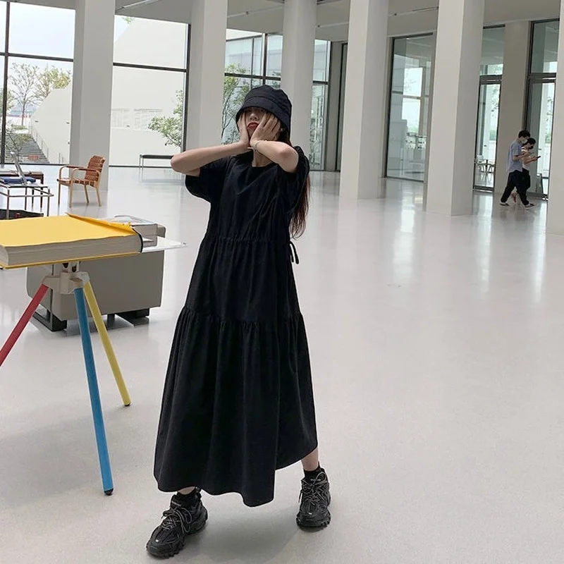 Ar īsām Piedurknēm Kleita Sievietēm Cietā Vienkāršu Aukliņu Savienoti Ruffles Midi Visu maču Harajuku Fashion Atdzesē Šiks Elegants Zaudēt Gadījuma