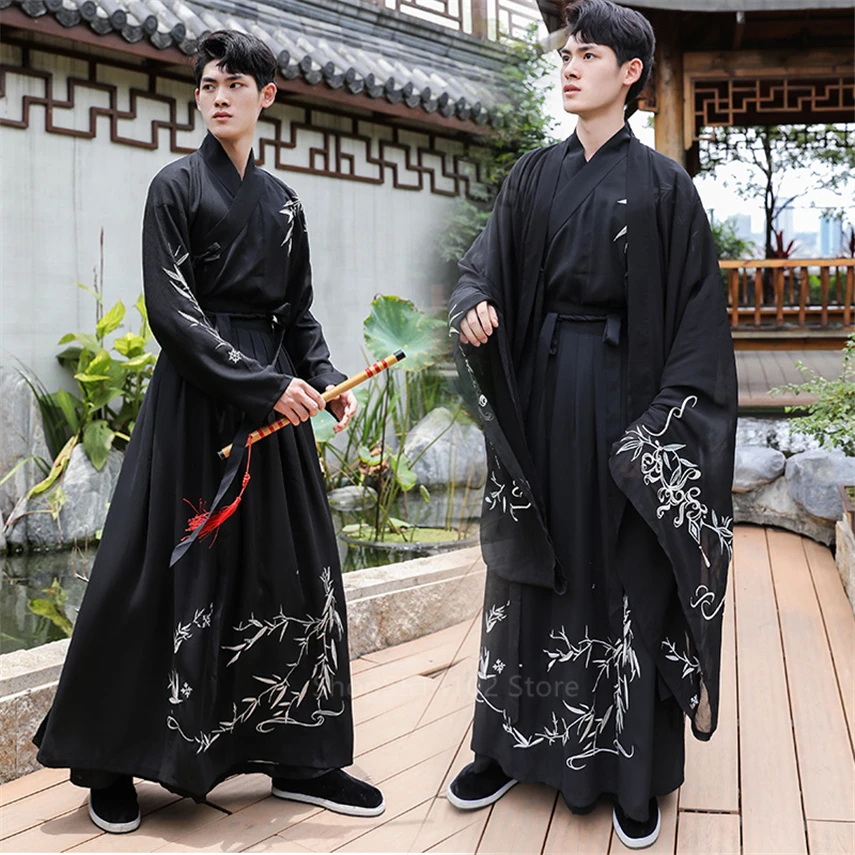 Pieaugušo Unisex Tradicionālo Apģērbu Sievietēm, Vīriešiem Seno Ķīniešu Tērpu Hanfu Black Bamboo Izšuvumi Pāris Streetwear Uzstādīt Tērpiem