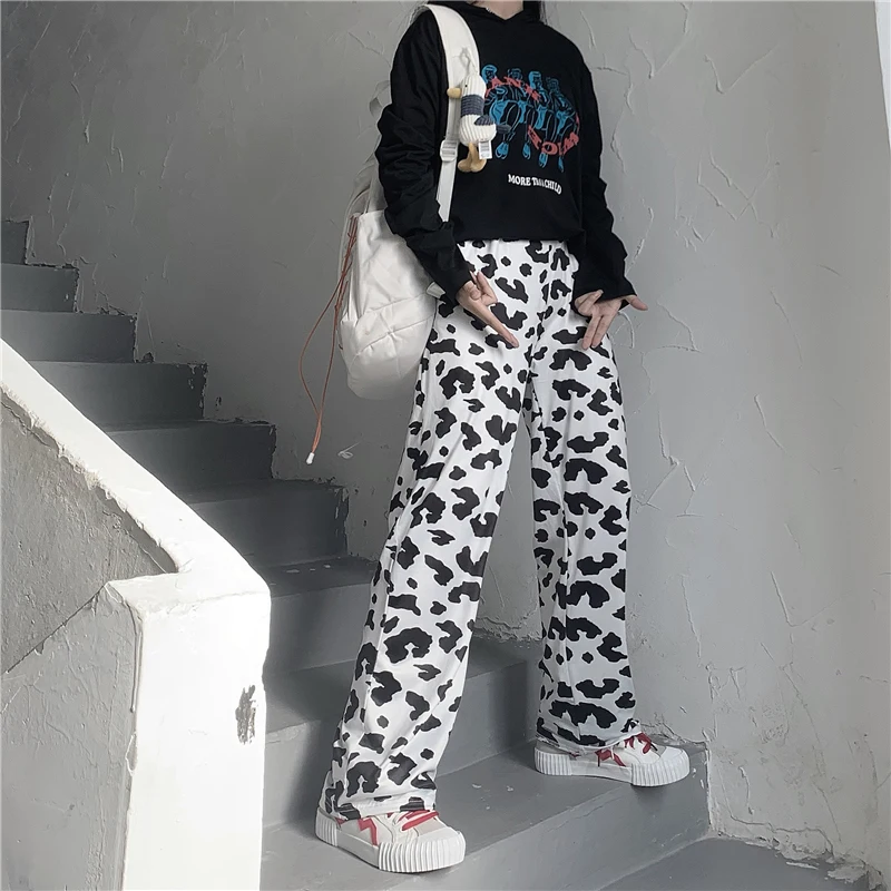 Govs Drukāt Bikses Sievietēm Korejiešu Stilā, Piena Govs Drukāt Plaša Kāju Bikses Harajuku Bikses Rudens Korejas Drēbes Streetwear Sievietēm