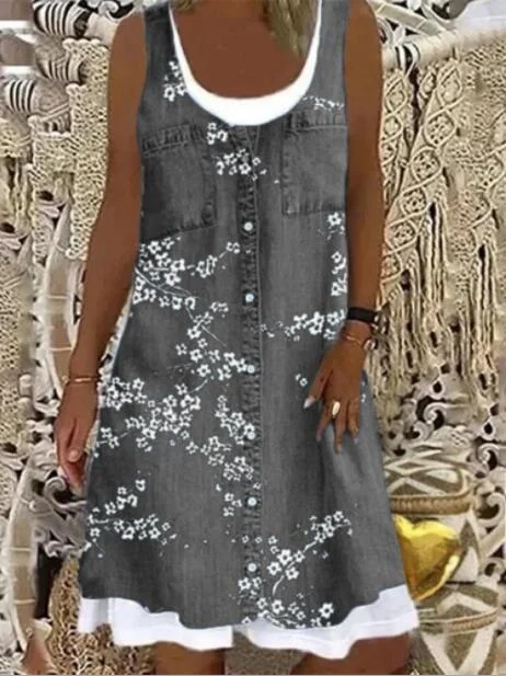 Plus Lieluma Sieviešu Modes Zaudēt Gadījuma Ziedu drukāt bez piedurknēm, Apaļu kakla Vasaras kleita