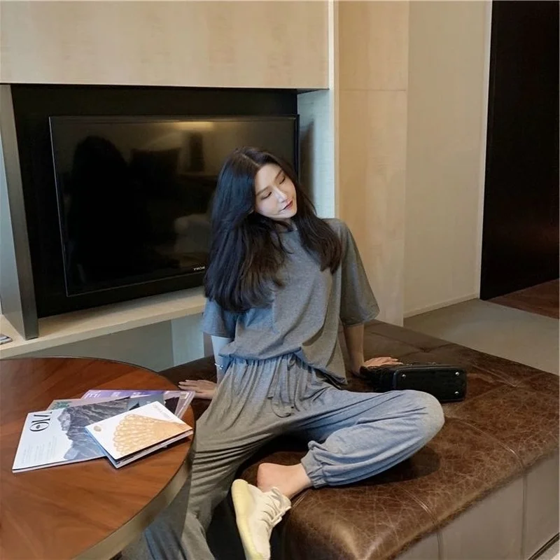 Pidžamas Komplekts Sievietēm Vasarā Cieta Zaudēt Harajuku Elastīga, Augsta Vidukļa Biksēm Vienkārši Modes Šiks Sleepwear Koledžas Sieviešu Homewear