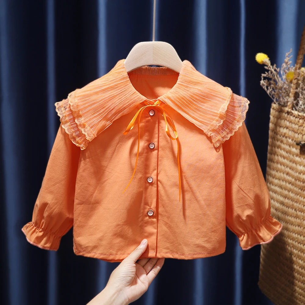 Dubultā Mežģīņu Apkakle Oranža Blūze Cilpu Pavasara Blūze Meitenēm Kokvilnas Elpojošs garām Piedurknēm Tees Ruched Piedurknēm Bērniem Drēbes