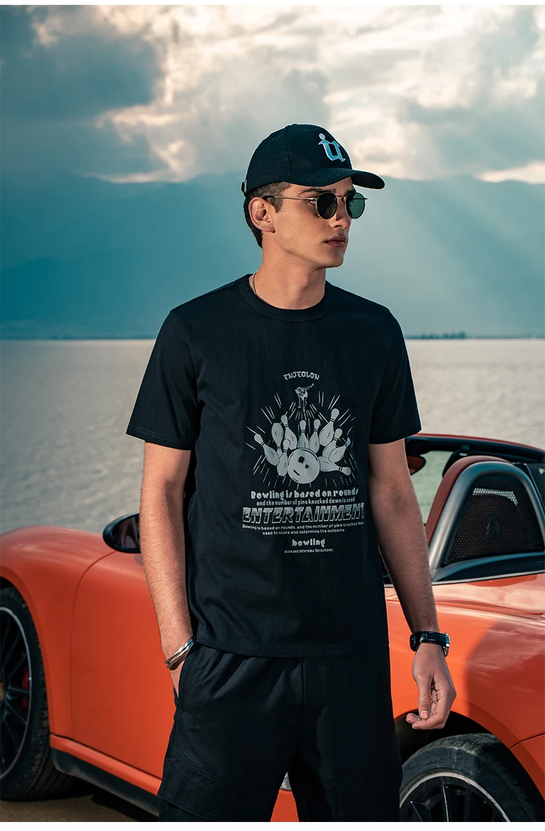 YTX1424 Vasaras jaunatnes kokvilnas apaļu kakla valsts jūra hip-hop boulinga drukāt īsām piedurknēm T-krekls vīriešiem
