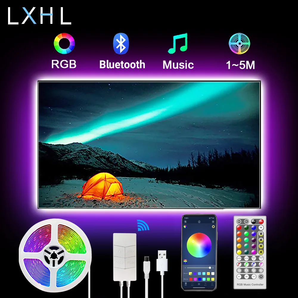 Bluetooth LED Strip Gaismas USB 5050 SMD Elastīgās Lentes RGB LED Gaismas Sloksne DC5V 2M 3M 4M 5M TV Darbvirsmas fona Apgaismojums Sinhronizēt Mūziku