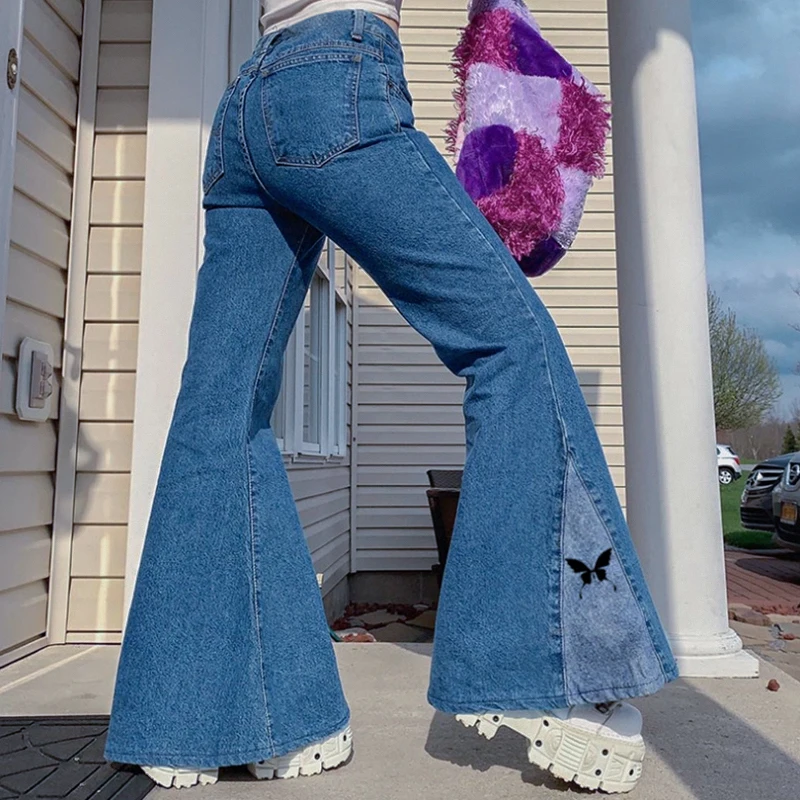 Iespiests Sieviete Džinsi Kontrastējošas Krāsas Vīlēm Tauriņš Pantalones Vaqueros Mujer Augsta Vidukļa Baggy Femme Taille Haute Uzliesmojuši