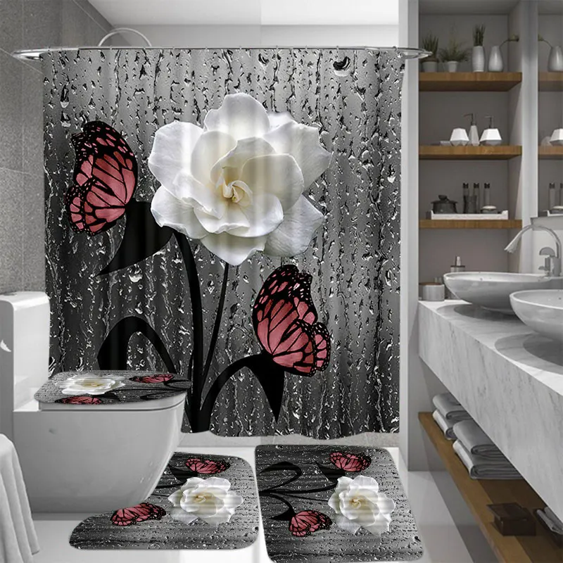 3D Butterfly Ziedu Dekorācijas Ūdensizturīgs Dušas Aizkars Vannas istaba Ainavu, Kokus, Puķu Vannas Paklājiņu Komplekts Pjedestāla Paklāju Vāks Tualetes Vāka