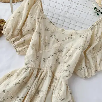 Franču Vintage Stila Šifona Kleita Vasaras 2021Puff Piedurknēm Ziedu Drukāt Kleita Gadījuma Brīvdienu-Line Kleita Eleganta Slim Mežģīņu Kleita