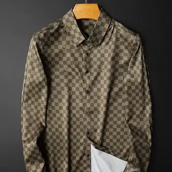 Ir 2021. rudens krekls ar garām piedurknēm lielformāta drukas tendence izskatīgs ikdienas vīriešu pleds krekls
