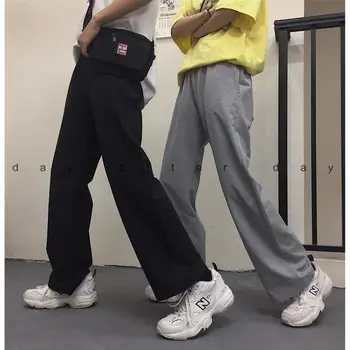 Korejas Harajuku visu maču gadījuma bikses vīriešu sieviešu vintage cietā taisni kāju apakšā lielajam mīļotājiem bf skriešanas plaša kāju bikses