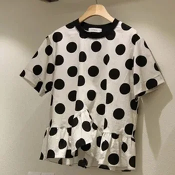 Vasara ir 2021. Modes Gadījuma Mīksti Kokvilnas Ērtu T-kreklu Vienkāršu Apaļu Kakla Īsām Piedurknēm Mežģīņu Polka-dot Sieviešu T-krekls