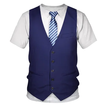 Smieklīgi Vasaras Viltus Uzvalks, Veste 3D Vīriešu T Krekls Modes Viltus Smokings tauriņu O-veida Kakla Īsām Piedurknēm Vīriešu Apģērbu Plus Lieluma Galotnēm Tee 6XL