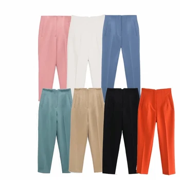 Za 2021 sieviešu Pantalon candy krāsas Potītes Garuma Slim OLA Birojs augsta vidukļa Zīmuli bikses Sieviešu kabatas modes Tērpi, Bikses