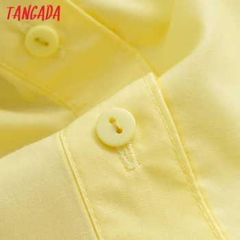 Tangada Sieviešu Dzelteno Balto Kreklu Puff Īsām Piedurknēm Cieto Savukārt Apkakle Elegants Birojs Dāmas Darba Valkāt Blūzes AI24