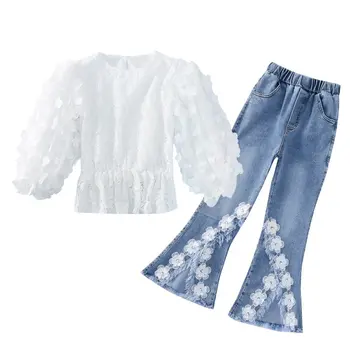 Meitenes Apģērbu Komplekts Pusaudžu Skolas Pavasara Balta Mežģīņu 3D Ziedi Top + Nieru Džinsi Bērniem Elegants Tracksuit Meitenēm 6 8 10 12 13gadiem