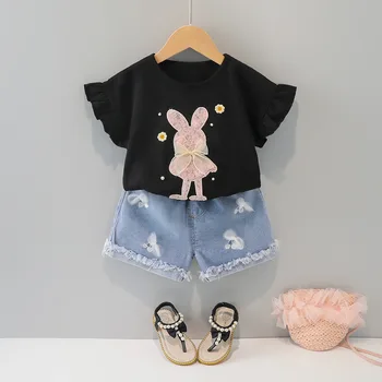 Ir 2021. Jaunu Meiteņu Apģērbu Komplekts ar Īsām Piedurknēm Vasaras Kokvilnas Trušu T-krekls+Bikses 2gab Uzvalks Toddler Bērnu Apģērbu 1 2 3 4 Gadiem