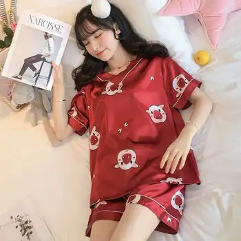 FINETOO Jaunas Vasaras M-2XL V-veida Kakla Pyjama Komplekts Sievietēm, Dāmas Jauki Karikatūra Izdrukāt Sleepwear Sieviešu Modes Īsām Piedurknēm Mājas Tērps