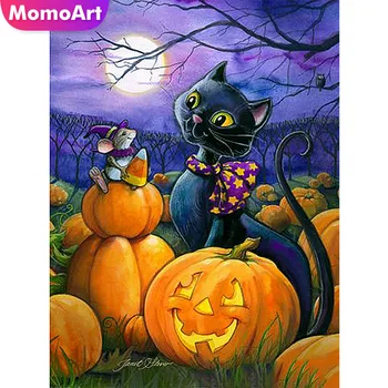 MomoArt Dimanta Glezna, Karikatūra Halloween Dimanta Izšuvumi Pilnu Kvadrātveida Rhinestone Dimanta Mozaīkas Kaķis Mājās Apdare