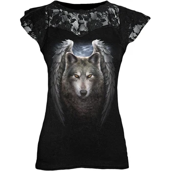 Goth Pūce Dzīvnieku Grafiskais Mežģīņu Izšūšanas t-veida Topi, kas Sieviešu Vasaras Y2K Apģērbu ar Īsām Piedurknēm Dobi No O-veida kakla Acs Punk T-krekli