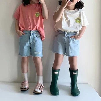 Vasaras bērnu jauns top vienkāršu korejas gadījuma konfektes krāsu varavīksnes drukas karikatūra zēni un meitenes īsām piedurknēm t-krekls