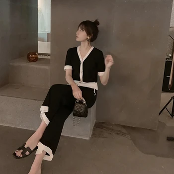 Korejas Modes 2 Gabals Komplekti, Sieviešu Apģērbs 2021. Gada Vasarā V-Veida Kakla Īsām Piedurknēm Adīts Tops+Plaša Kāju Bikses Gadījuma Zaudēt Stiept Uzvalks