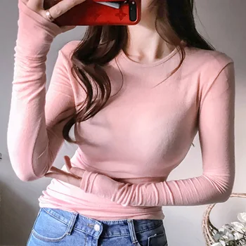 2018 Jauns T Krekls Sievietēm O Kakla Vasarā, Rudenī t Krekls Gadījuma Sieviešu Tee Dāmas Topi Cieta rozā kokvilnas t krekls slim, Sexy