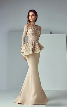 Dubaijas arābu Šampanieti Mežģīnes Traipu Peplum Sirēna Māte no Līgavas Kleitas Garo Milzīgais Apkakli, garām Piedurknēm Vakarā Formālās kleitas
