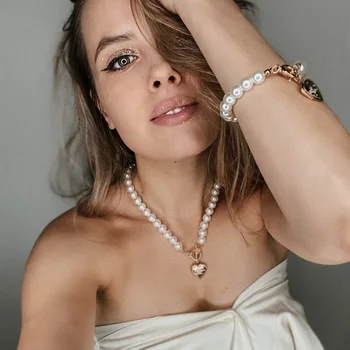 Blijery Moderns Vintage Pērles Sānslīdi Kaklasaite Kaklarota Sievietēm Ģeometriskā Sirds Monēta Bloķēšanas Kulons Mīlestību, Kaklarotas, Rotas, Dāvanu
