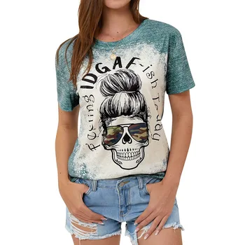 Vasaras dāmas apaļu kakla T-krekls ar galvaskausu drukāt apaļu kakla īsām piedurknēm T-krekls brīvs un ir liela augšu