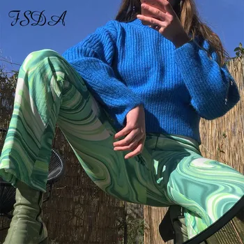 FSDA ir 2021. Kaklasaites Krāsu Drukas Bikses Sievietēm Y2K Zaļā Plaša Kāju Vasarā, Pavasarī Gadījuma Vintage Augsta Vidukļa Rāvējslēdzēju Modes Bikses 90S