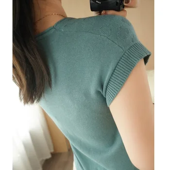 Ir 2021. jaunu stilu tīras kokvilnas T-krekls gadījuma trikotāžas īsām piedurknēm sieviešu tīrtoņa krāsu apaļu kakla top T-krekls sieviešu džemperis