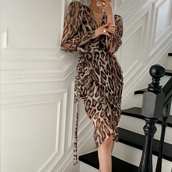 Eleganta Kleita Sieviete, V-veida kakla Leopards Izdrukāt Bodycon Kleita Sieviete ar garām Piedurknēm Mežģīnes-up Vintage Puse Kleitas, Vasaras Sieviete