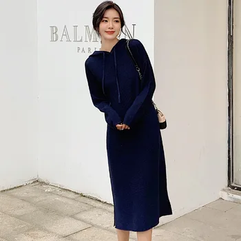 2020. gada Rudenī un Ziemā, New Style korejiešu stila Populāri Svārki Zaudēt Slinks Vēja Vidēja garuma Kapuci Adīt Kleita Sieviešu Apģērbs-