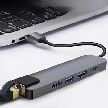 5 In 1 Multifunkcionāla USB C Tipa HDMI-saderīgam Hub 4K USB C centrs, Lai Gigabit Ethernet Rj45 Lan Reklāmu Ter 3 USB-Lādētāju C
