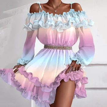 Ir 2021. Vintage Kārtojumu Savirmot garām Piedurknēm Puse Kleita Eleganta Pie Pleca Sieviešu Linga Kleitu Modes Slash Kakla-line Mini Kleita