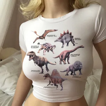 Gudrs Dinozaurs Baltā Kultūraugu Top Sieviete Camisetas Mujer De Short Sexy T-Krekli Meitenēm Vasaras Drēbes Sievietēm ar Īsām Piedurknēm Tees