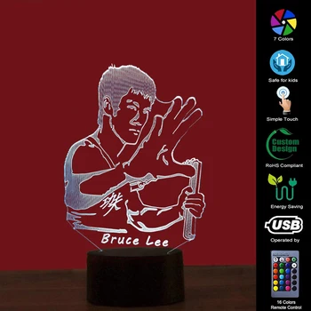 3D Ķīniešu Kung Fu Attēls Nakts Gaisma Bruce Lee Dizaina Krāsas Galda Lampa USB LED Svētku Dāvanas Vīriešiem, Zēniem, Bērniem, Guļamistaba Dekori