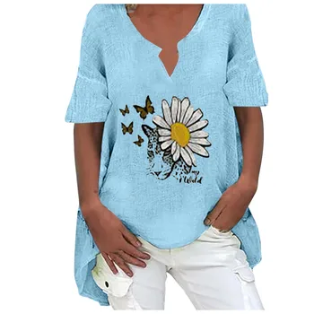 Sieviešu Butterfly Ziedu T Krekls Top Drukātā Veidā Īsām Piedurknēm V-Veida Kakla Kokvilnas Un Kaņepes Sieviete, Topi, Drēbes Lielajam T-Krekls