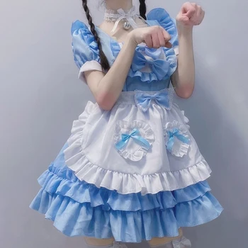 NONSAR Sieviešu Meitene Apģērbs Lolita Kleita Zils Un Balts Priekšauts Kleitas Japāņu Cute Puse Salds Sexy Kleita Cosplay Kostīmi