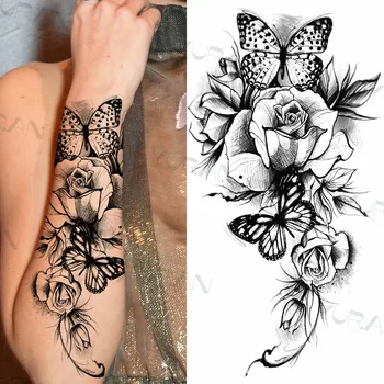 Melns Ziedu Spārni Mēness Pagaidu Tetovējumiem Sievietēm, Meitenēm Henna Zilonis Feathe Viltus Tatoos DIY r Tauriņš Flora Tetovējumu Uzlīmes