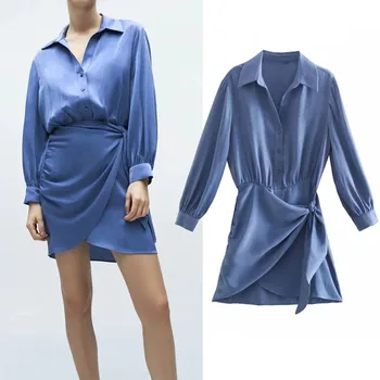 Za Sievietes Ir 2021. Zilā Satīna Mini Krekls, Kleita Sieviete Modes Kaklasaiti Krāsošanas Pogu Garām Piedurknēm Kleitas Dāmas Gadījuma Elastīgs Viduklis Kleita