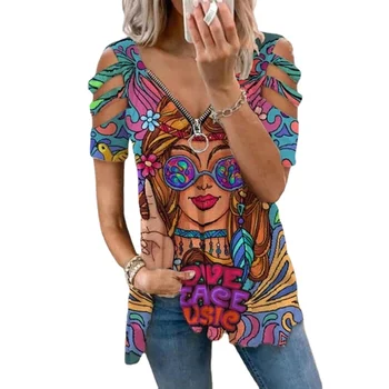 Vasaras Jaunā V-veida kakla T-krekls Sieviešu Modes Rāvējslēdzēju Dobi Īsām piedurknēm T-krekls Plus Lieluma Apģērbu Gadījuma Modes Sexy T-krekls