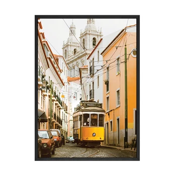 Portugāle Stila Vintage Pilsētas Sienas Mākslas Audekla Gleznu Plakātu Izdrukas Modernu Ēku Foto Tramvaja, uz Ielas Estētisko Mājas Decorati