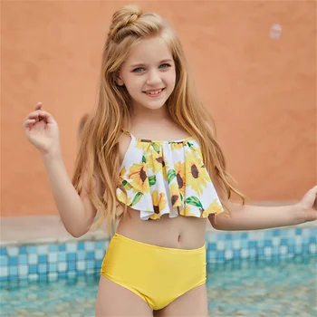 SEASHY 5-14 Gadi Bērniem Toddler Saulespuķu Refflued Bikini Komplekts Peldkostīmi Pusaudžu Meitenes, Divas Gabals Peldkostīms Pludmalē peldkostīms ir 2021.