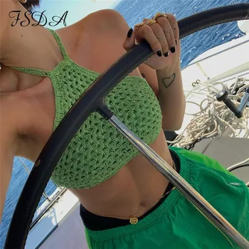 FSDA Pavada Kakla Zaļā Adīt Kultūraugu Top Gadījuma Sievietes Backless Pie Pleca Beach Sexy Y2K Vasaras Piedurknēm Topi ir 2021.