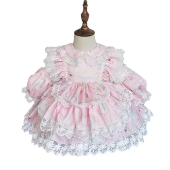 Spāņu Meitenes Rozā Kleita Baby Lolita Princese Bumbu Kleita Zīdaiņu Boutique Drēbes Bērniem 1. Dzimšanas diena Lieldienu Puse Kleitas
