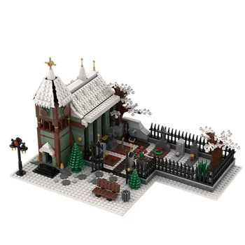 906 GAB. KM Rotaļlietas Pilsētas Ielu Skatuves Ziemas Ciema Baznīca ar Kapsētu, Celtniecības Bloki, Būvniecības Moduļu Bloka Modelis