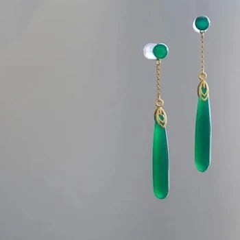Sākotnējā jaunu sudraba inkrustēts dabas zaļā halcedons ģeometriskā auskari Ķīnas retro stila dizains šarmu dāmas rotaslietas