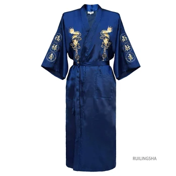 Peldmētelis Kimono Kleita Mājas Apģērbu PLUS LIELUMA 3XL Ķīniešu vīrieši Izšuvumi Pūķis Drēbes Tradicionālo Vīriešu Sleepwear Zaudēt Naktsveļu