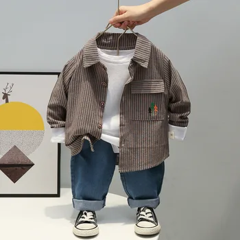 Ir 2021. rudenī jaunu zēnu krekls ar garām piedurknēm uzvalks bērnu atpūtas ārvalstu stila svītrainām velveta mētelis 2 gabals, kas 01234
